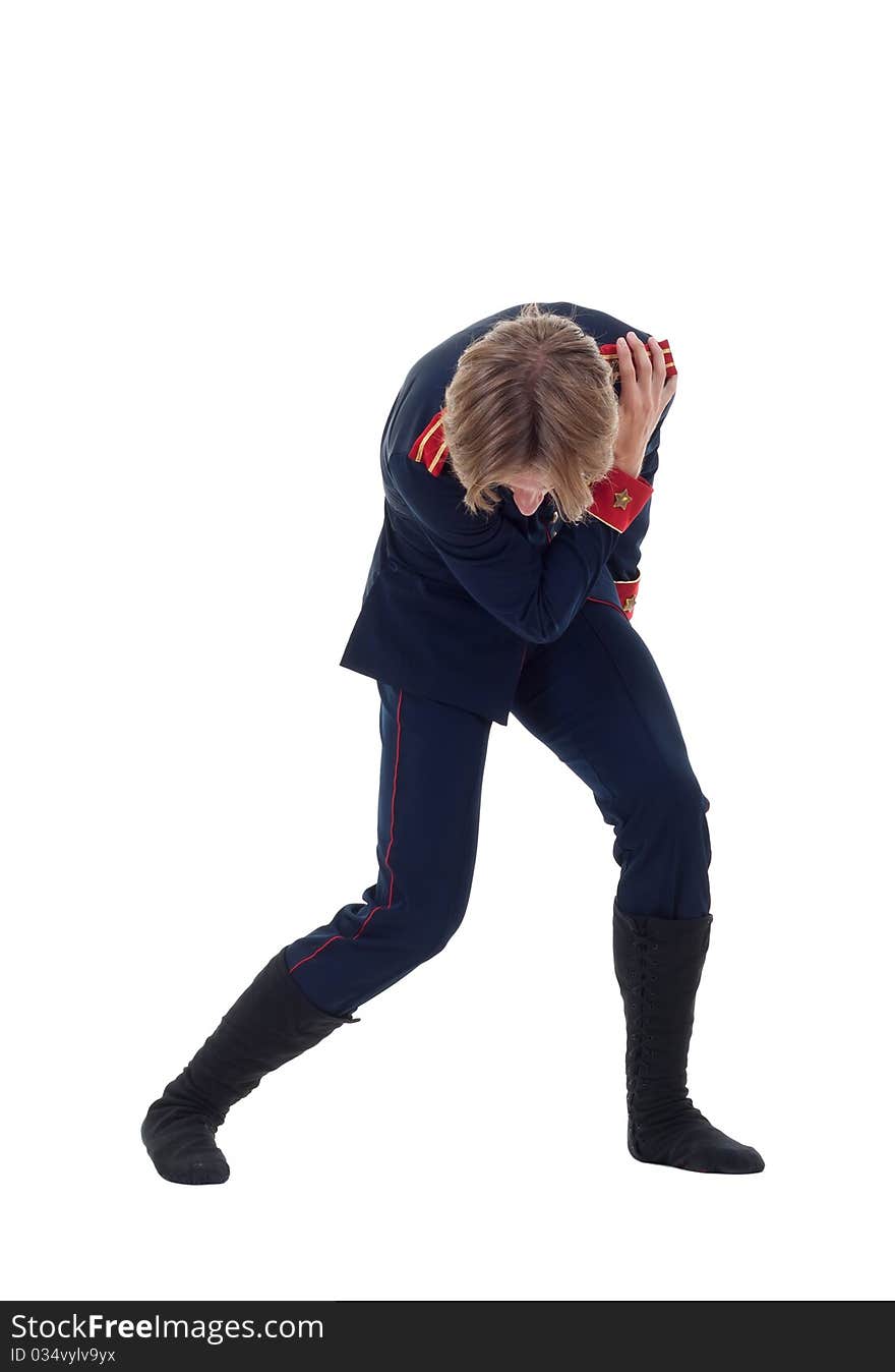 Picture of a ballet figurant giving a bow over white background, pose from Shakespeare's Othello