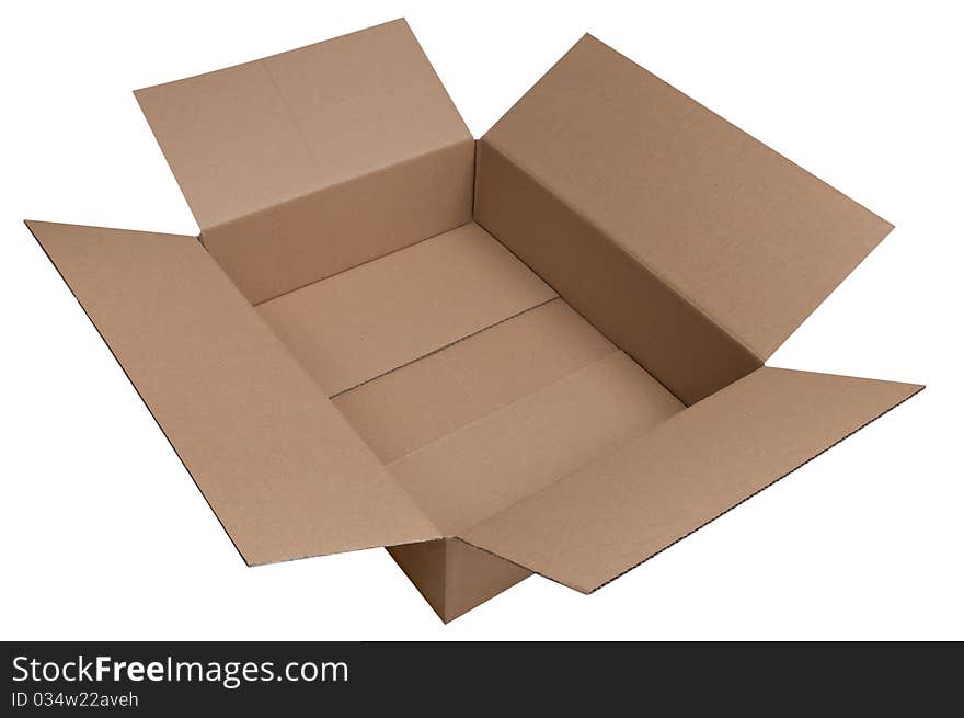 Open brown cardboard box isolated on white