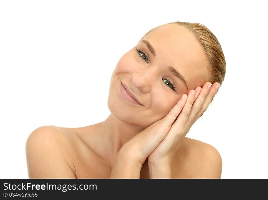 Portrait of a cute young woman sleeping on hands isolated background. Portrait of a cute young woman sleeping on hands isolated background