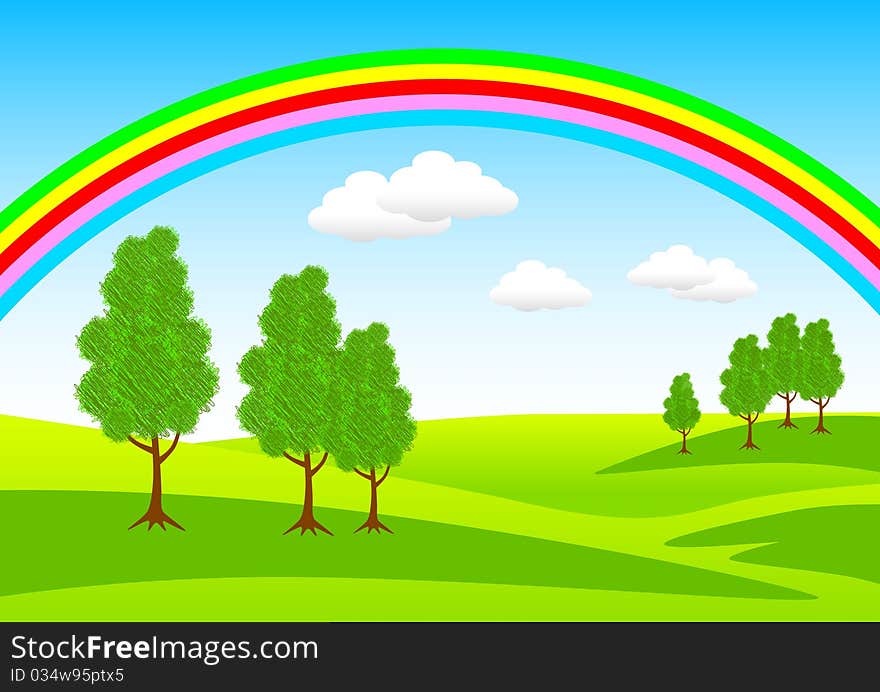 Spring landscape with coloured rainbow