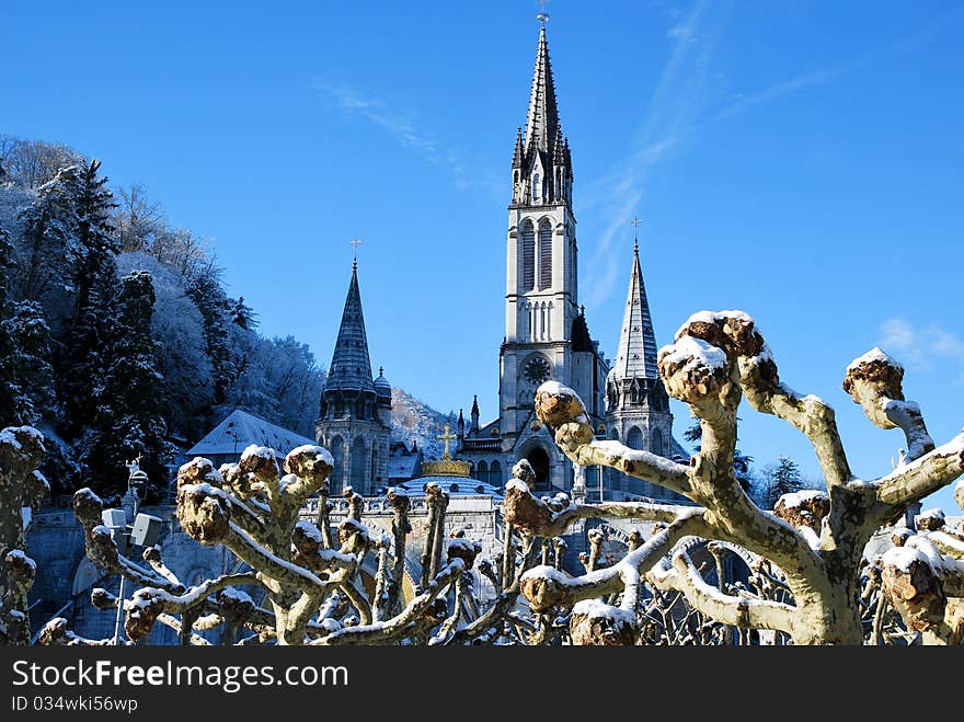 Rosary Basilica of Lourdes during winter, France