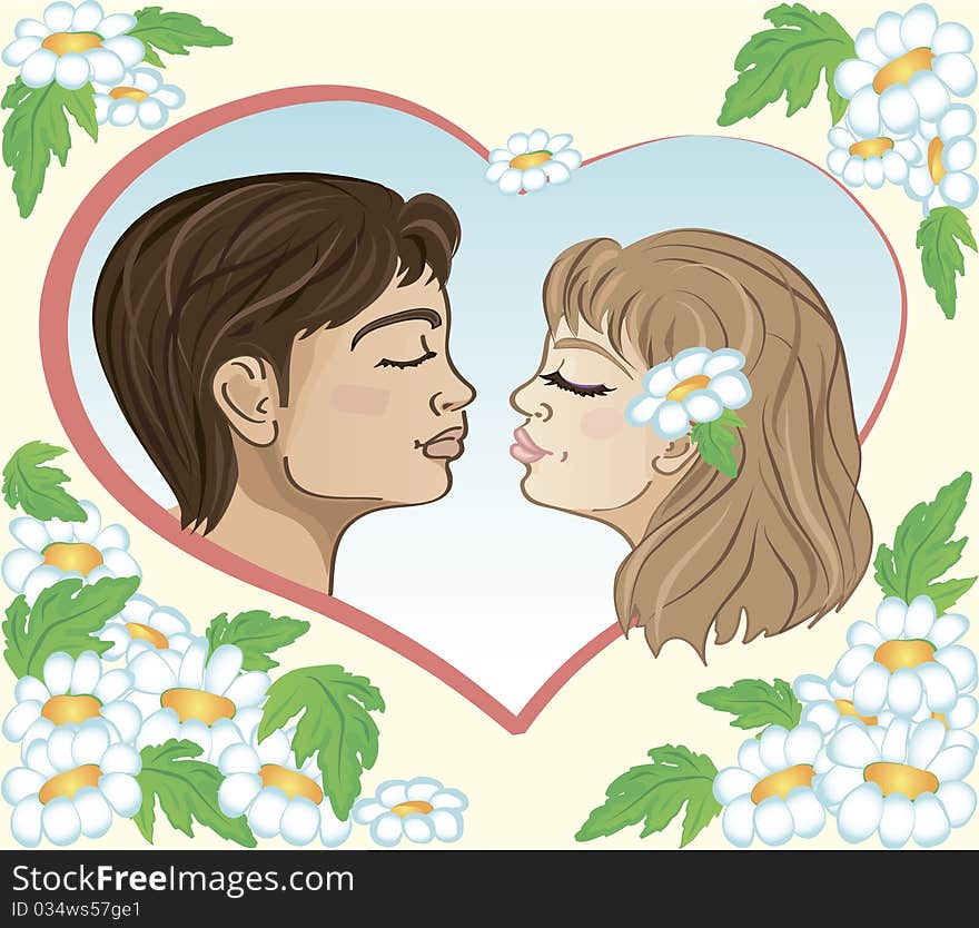 Illustration of a first loving teenage kiss on a floral background. Illustration of a first loving teenage kiss on a floral background