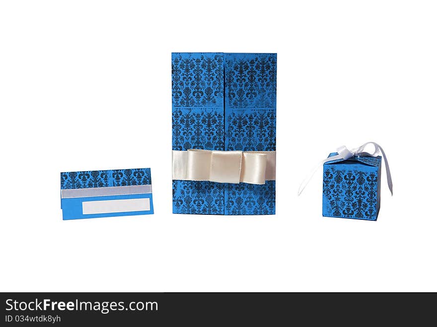 Blue gift box and invitation on white. Blue gift box and invitation on white