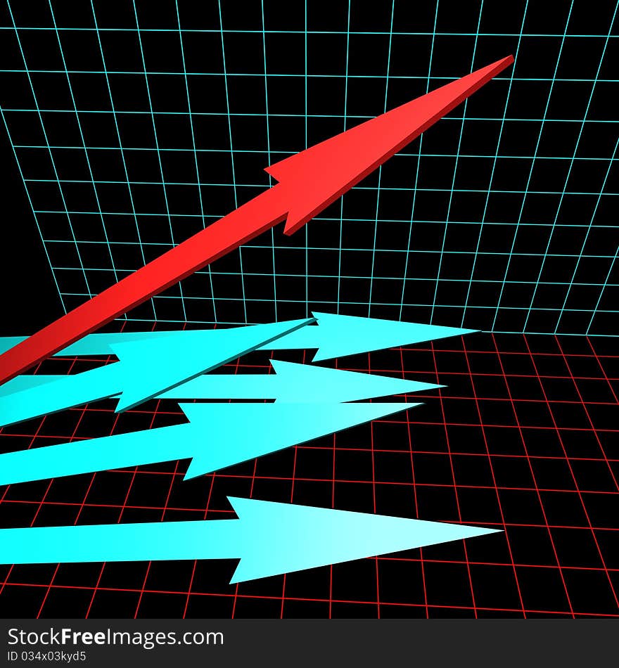 Blue arrows and one red on the cell diagram. 3d computer modeling