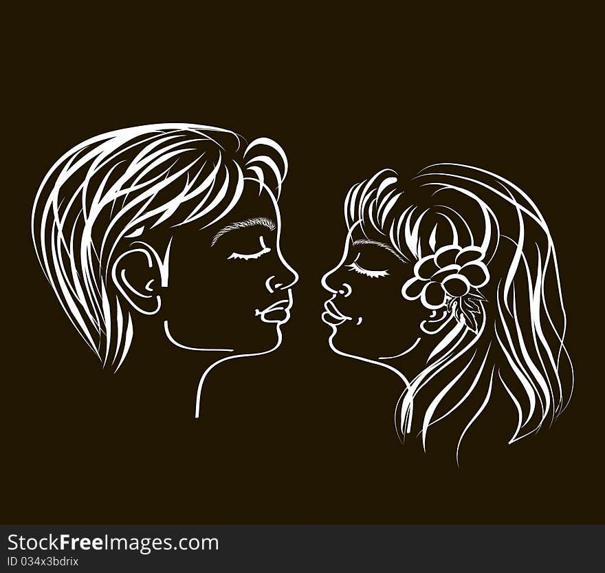 Hand drawn and artistic illustration of a first loving teenage kiss on black. Hand drawn and artistic illustration of a first loving teenage kiss on black