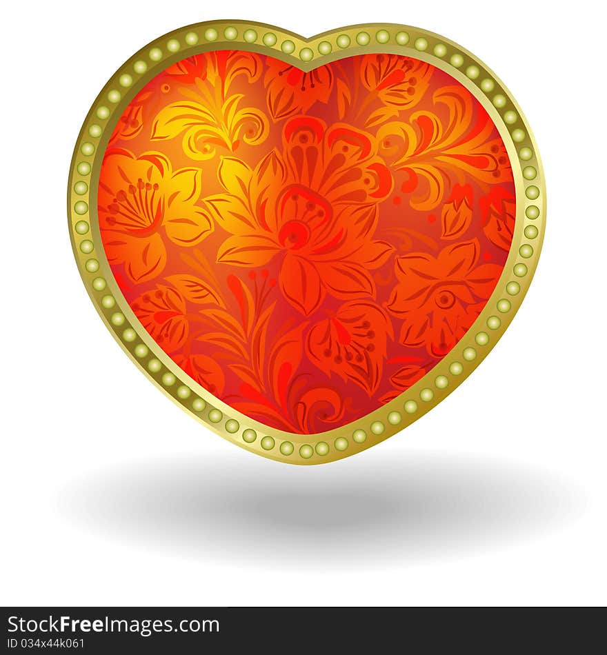 Red heart with red floral ornament isolated on a white