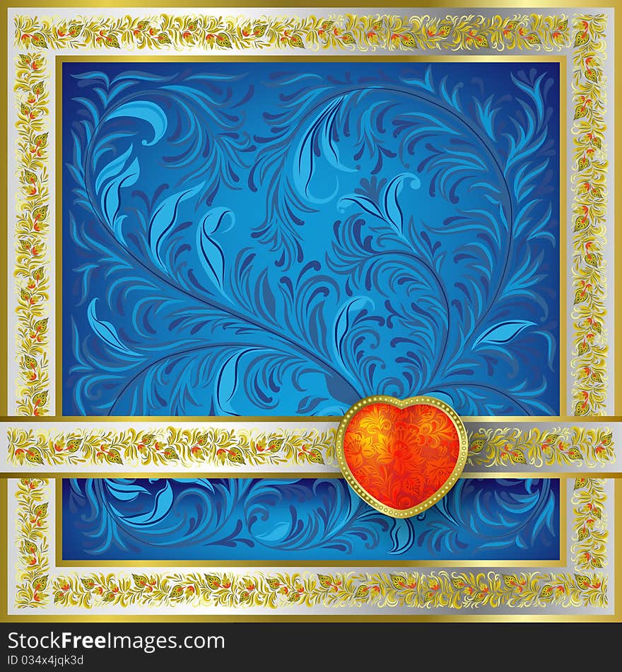 Valentines blue greeting with red heart and gold floral frame. Valentines blue greeting with red heart and gold floral frame