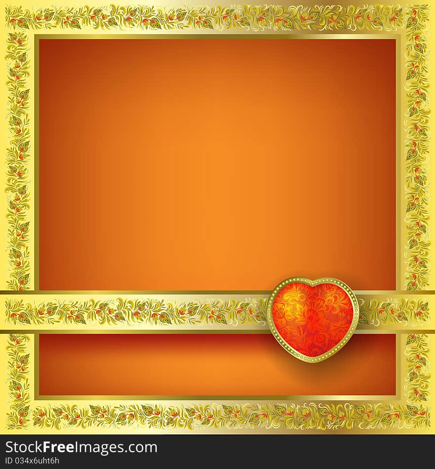 Valentines greeting with red heart on orange floral background