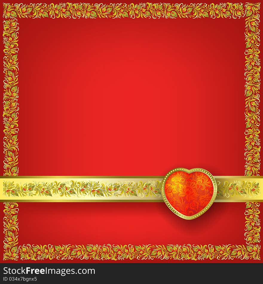 Valentines greeting with red heart on red floral background