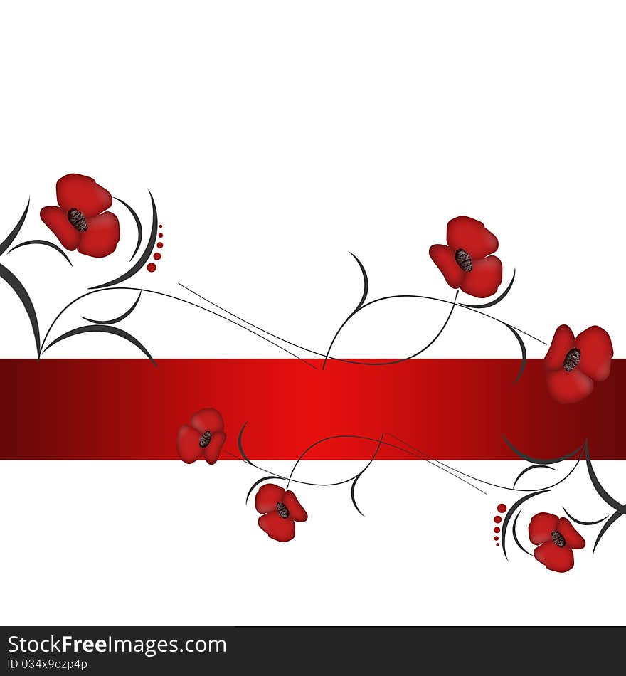 Background with abstrct red flowers and red ribbon on white. Background with abstrct red flowers and red ribbon on white