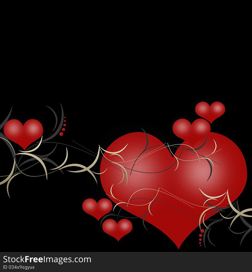 Valentines background with red hearts and floral pattern on black