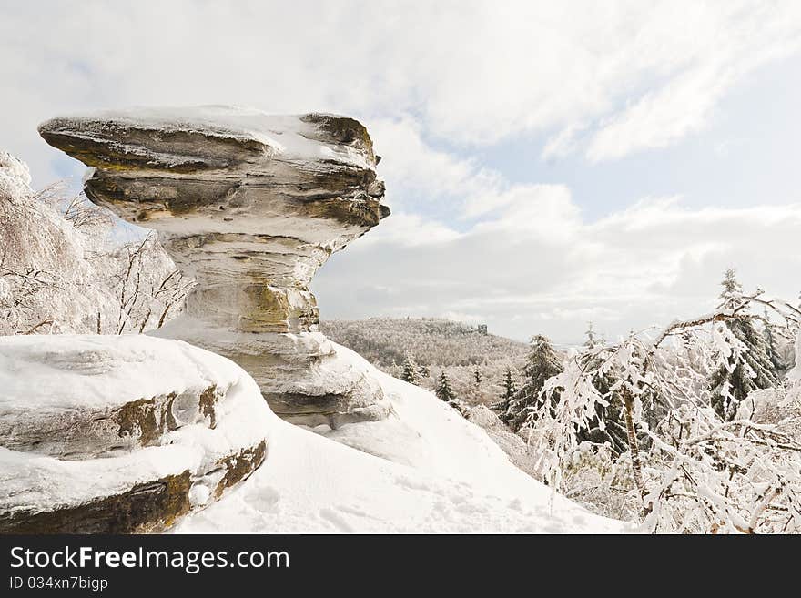 Snow covered landscape - Tiske steny rocks and trees. Snow covered landscape - Tiske steny rocks and trees