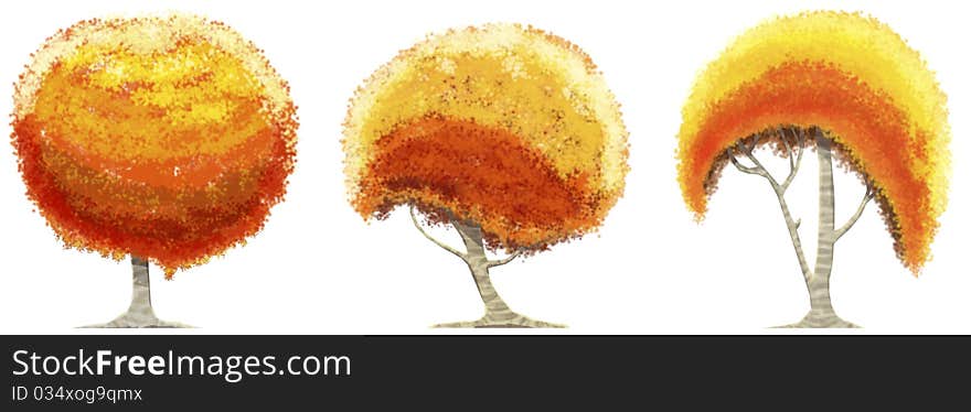 3 digital painted autumn trees. 3 digital painted autumn trees