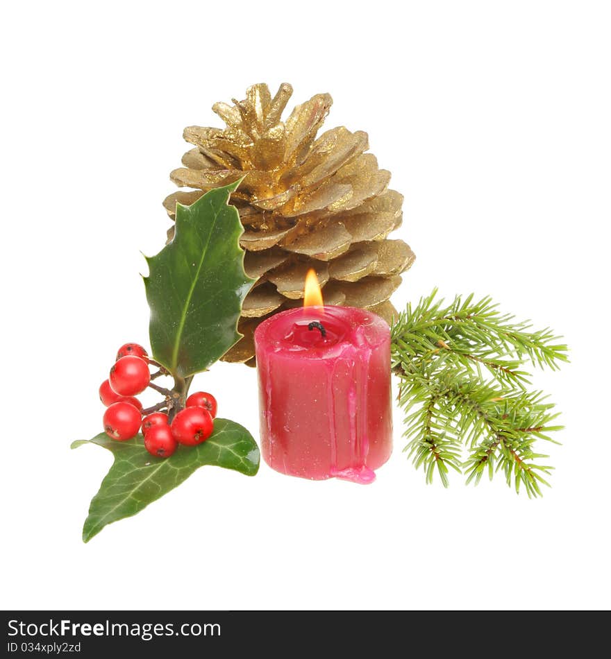 Christmas Themed Foliage And Candle