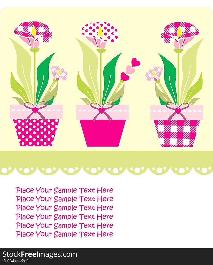 Cheerful hand-drawn flowers and trimmed in colorful pots. Cheerful hand-drawn flowers and trimmed in colorful pots