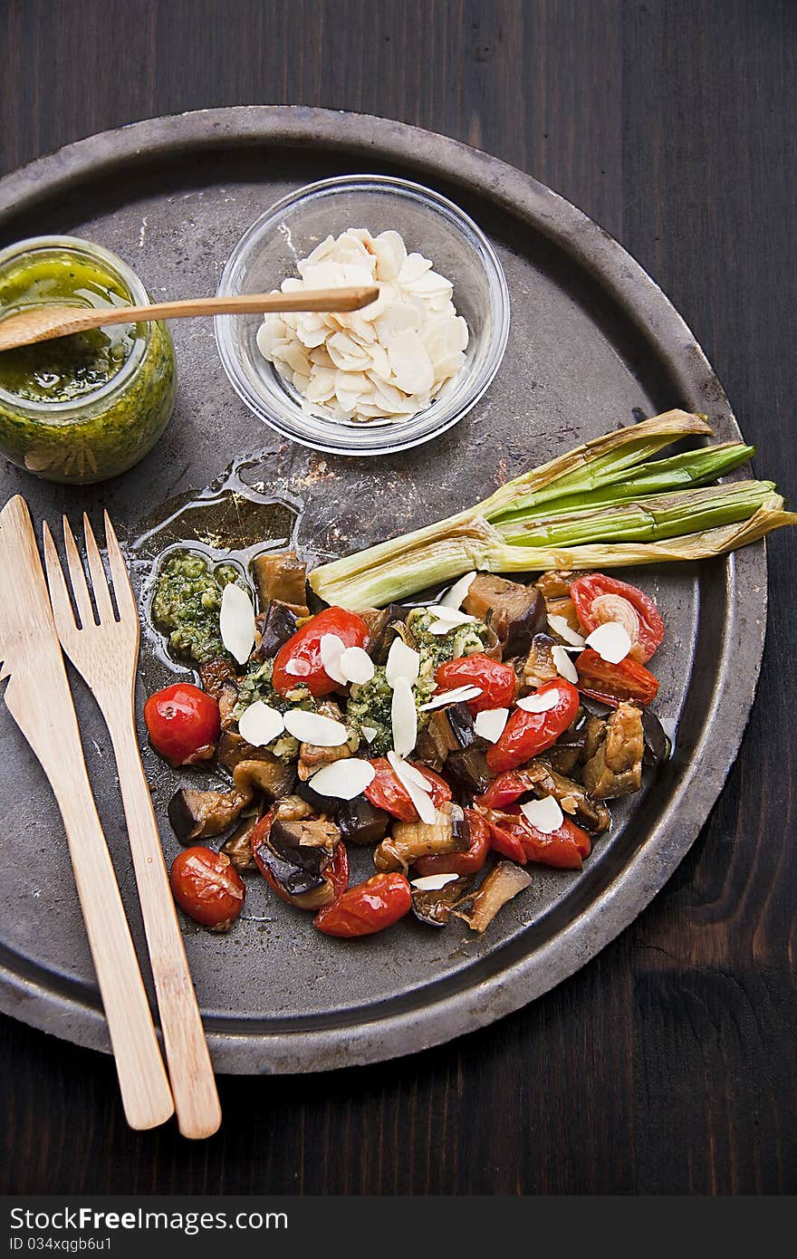 Eggplant Salad with cherry and almond sauce and ca