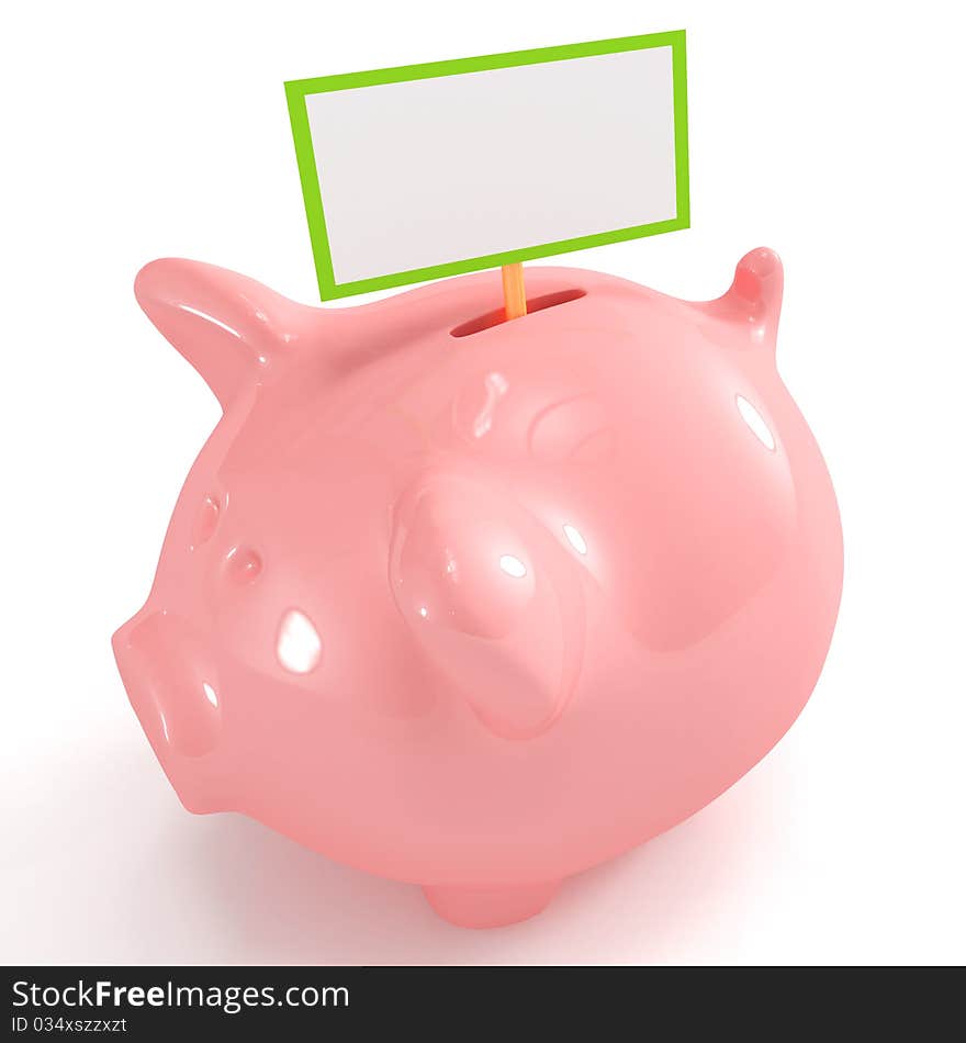 High quality 3d image of a cute piggy bank with blank sign