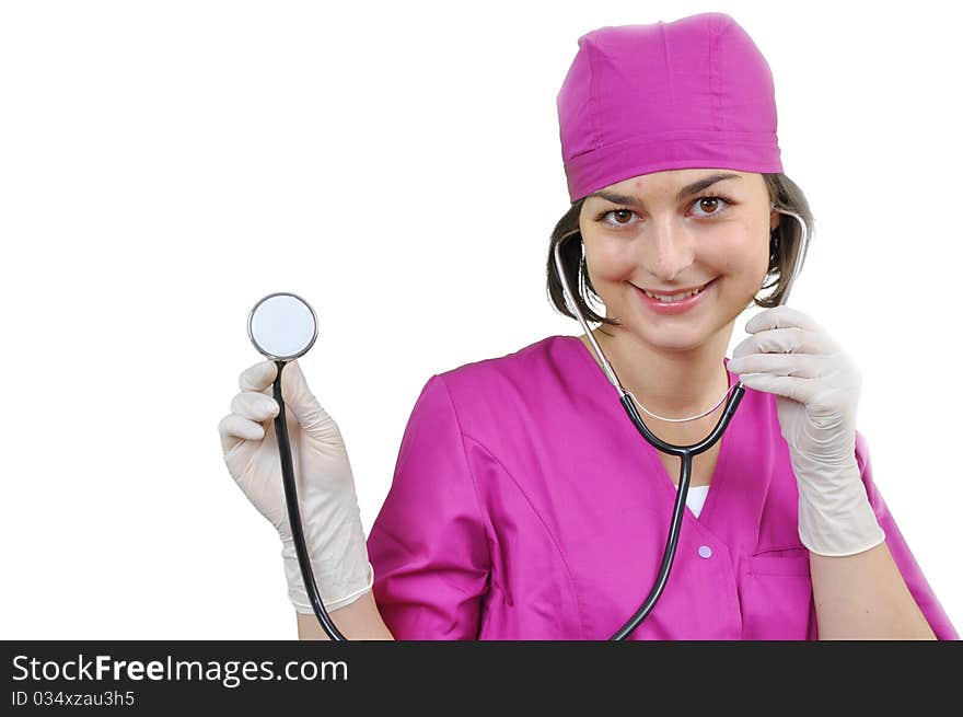 Attractive lady doctor on a over white background