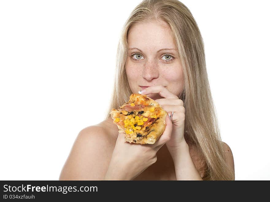 Young happy woman eating pizza, isolated on white. Young happy woman eating pizza, isolated on white