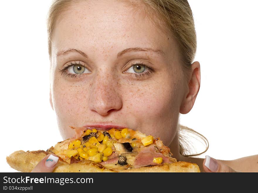 Young happy woman eating pizza, isolated on white. Young happy woman eating pizza, isolated on white