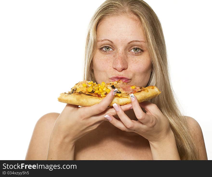 Young happy woman eating pizza, isolated on white. Young happy woman eating pizza, isolated on white