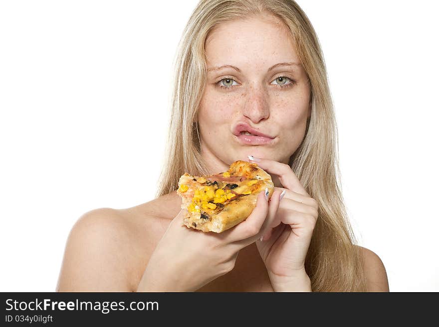 Young happy woman eating pizza, isolated on white. Young happy woman eating pizza, isolated on white