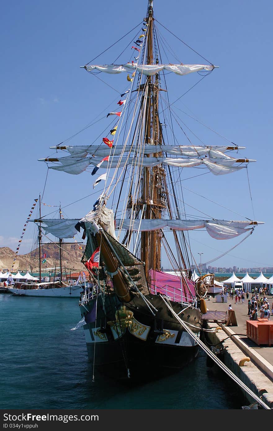 Antique sailing boat tied up in Alicante. Antique sailing boat tied up in Alicante