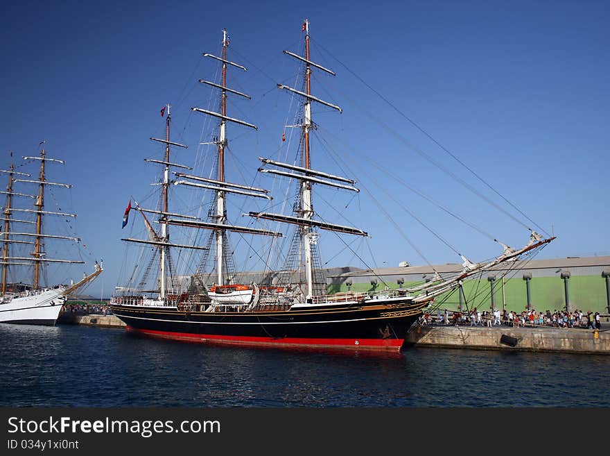 Antique sailing boat tied up in Alicante. Antique sailing boat tied up in Alicante