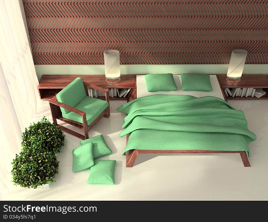 Bedroom interior in brown-green. Bedroom interior in brown-green