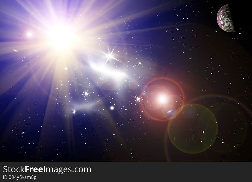 Planet in space in the star sky of flash, light