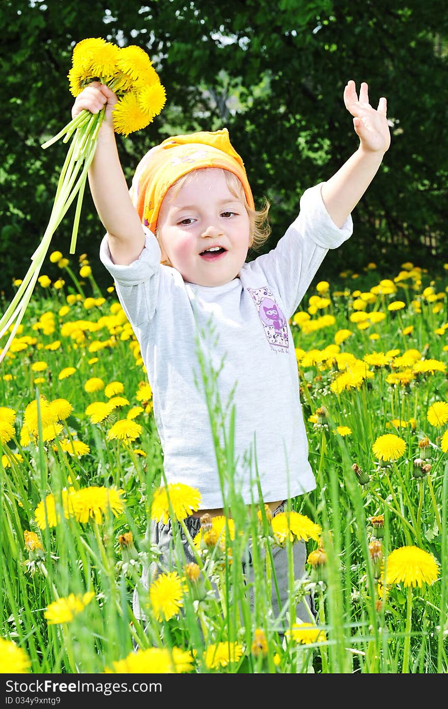 Little girl walks on blossoming field. Little girl walks on blossoming field