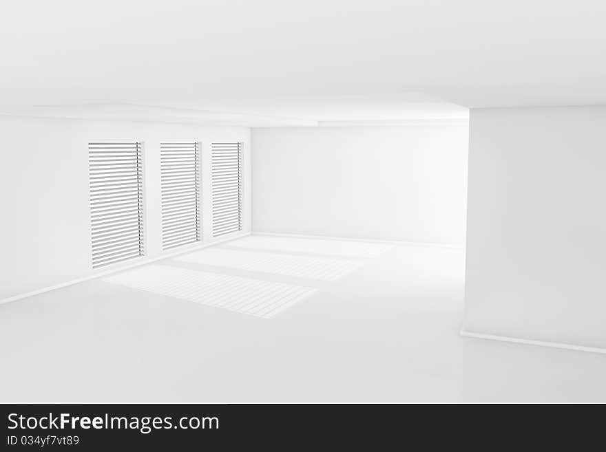 Three dimensional rendering white room with windows. Three dimensional rendering white room with windows