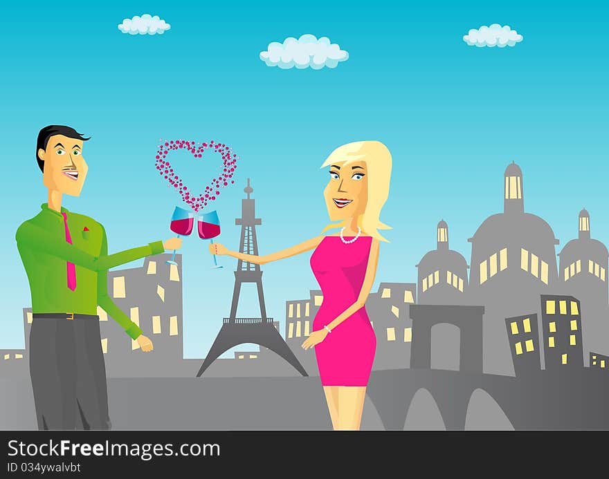 Couple with glass of wine against Paris background