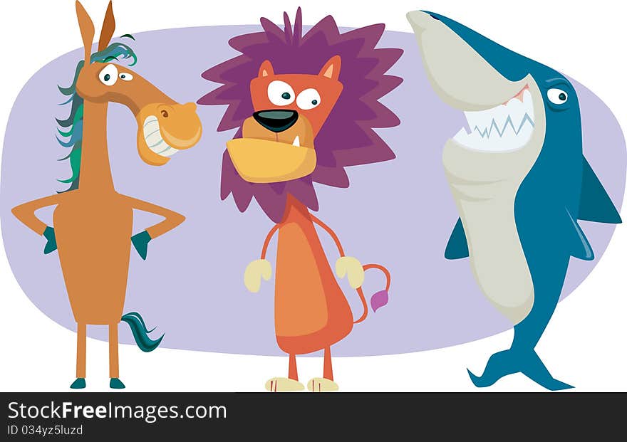 Illustration of a group of tree fun animal friends. Illustration of a group of tree fun animal friends