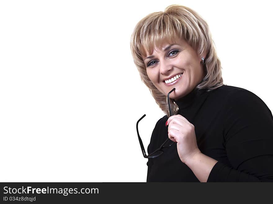 Portrait of the blonde with glasses in a hand