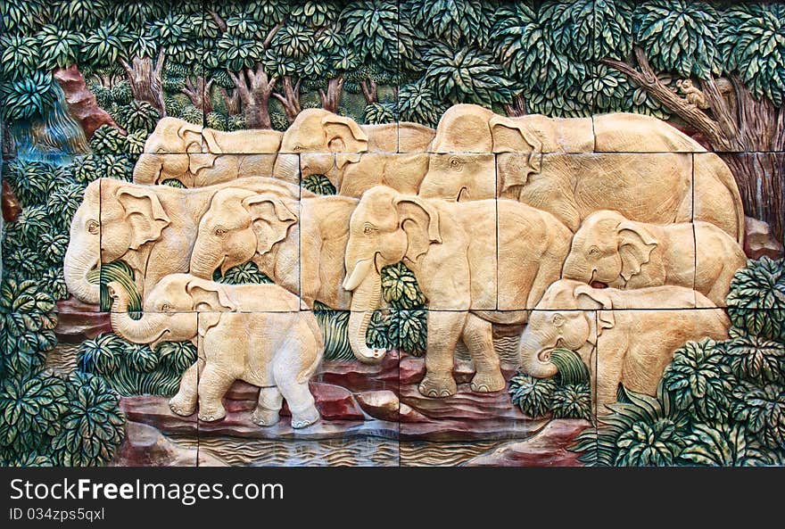 Carved elephant on the wall, Thai Art Wall tiles for home decoration