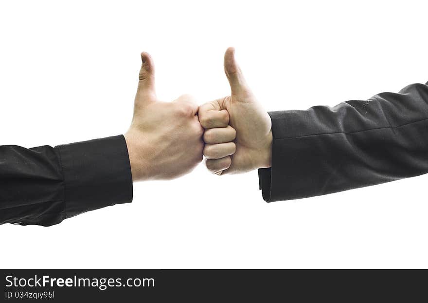 Two businessman holding thumbs up, isolated on white, in suits