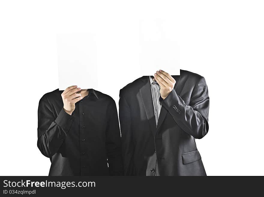 Two businessman holding paper sheets as faces