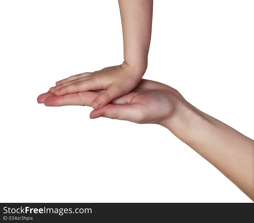 Mother and daughter's hands on white. Mother and daughter's hands on white