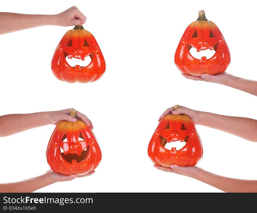 Halloween Pumpkin In A Female Hand, Isolated