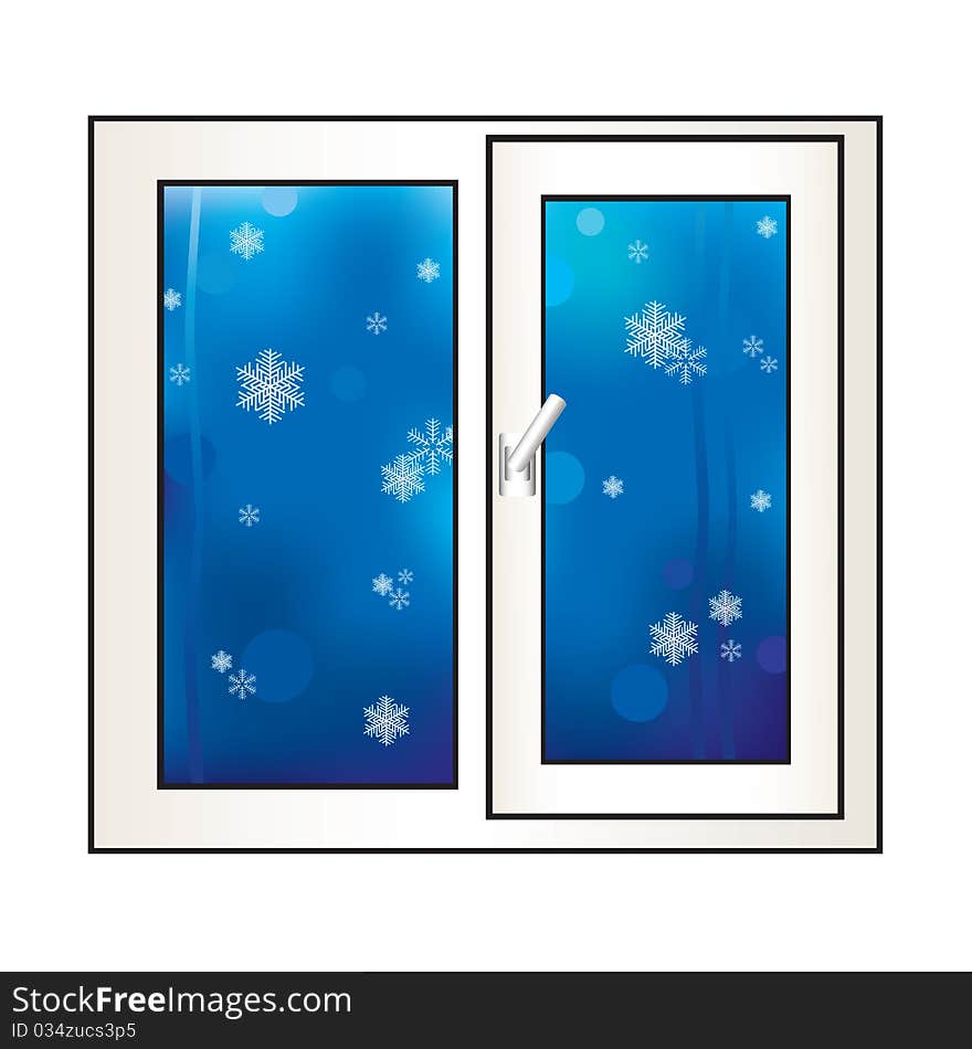 Window at the night sky and snowflakes. Window at the night sky and snowflakes.