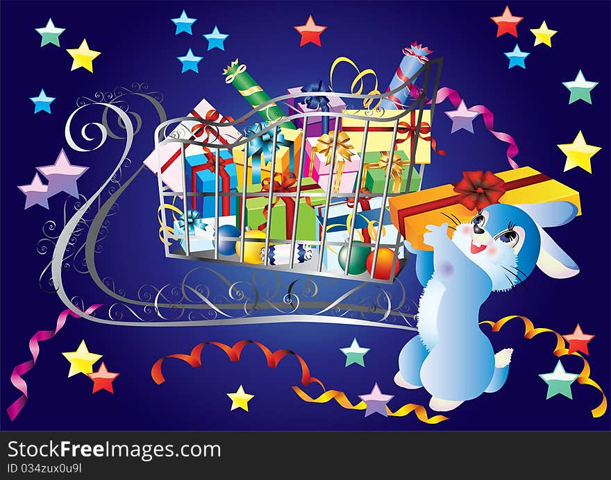 Sleigh with gifts and a rabbit on a blue background with stars. Sleigh with gifts and a rabbit on a blue background with stars.