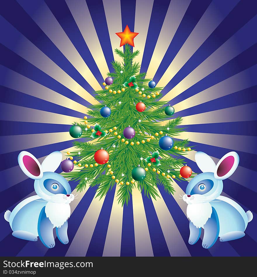 Christmas tree and rabbits on a background of blue rays. Christmas tree and rabbits on a background of blue rays.