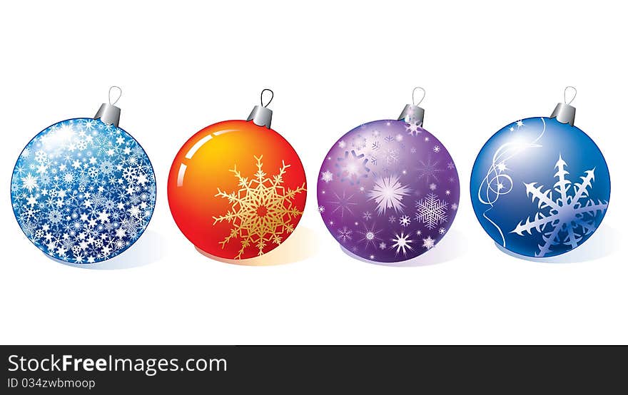 Four Christmas colored ball with snowflakes. Four Christmas colored ball with snowflakes