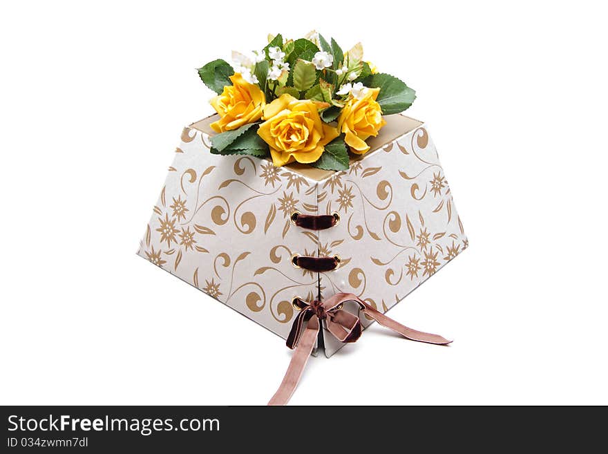 Present packaging of cardboard with bunch of flowers. Present packaging of cardboard with bunch of flowers