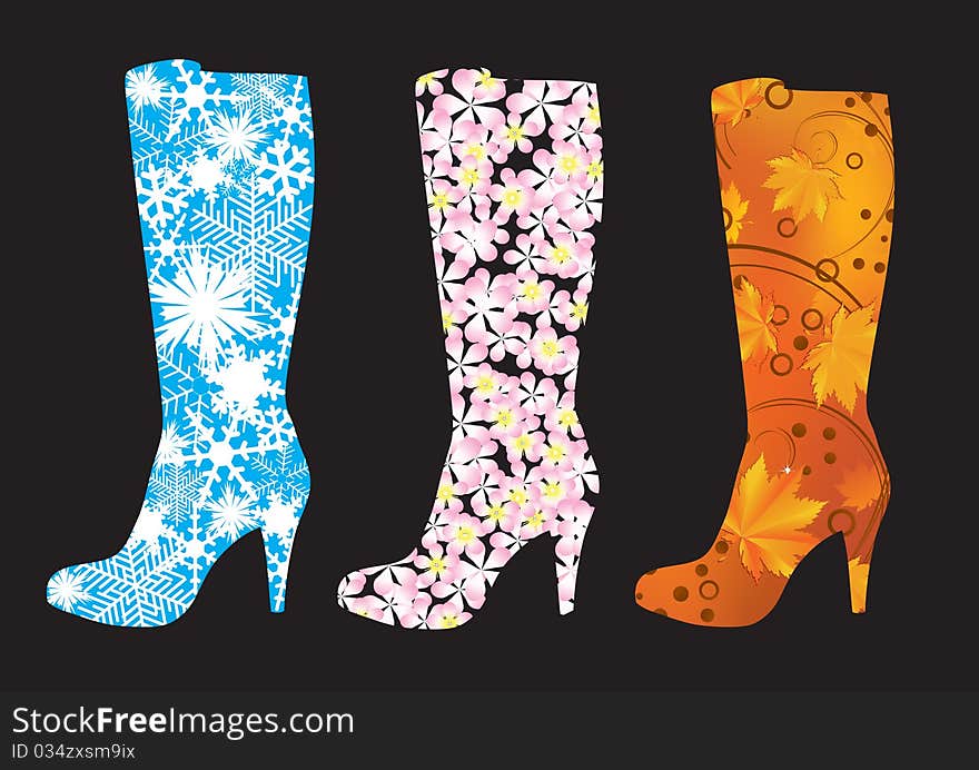 Abstract boots, decorated with snowflakes, flowers and leaves. Abstract boots, decorated with snowflakes, flowers and leaves.