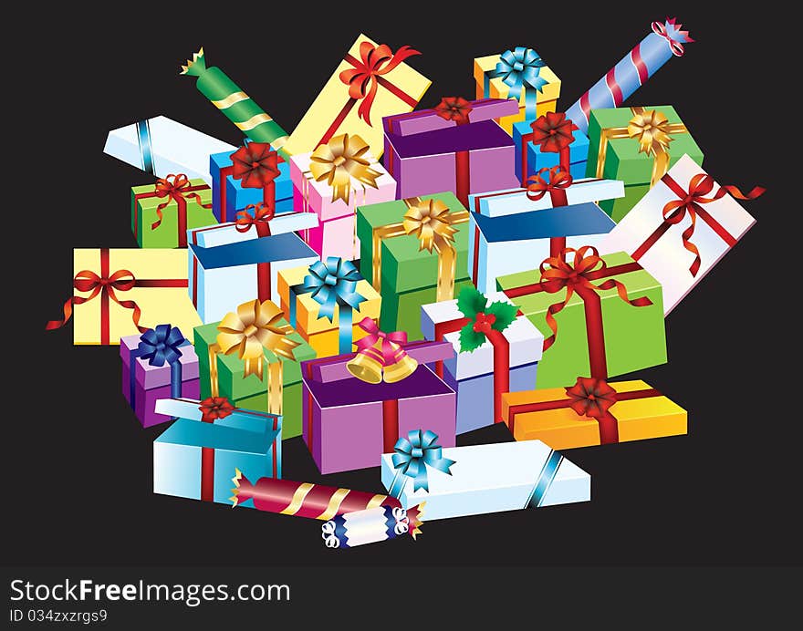 Coloured packing with gifts on a black background. Coloured packing with gifts on a black background.