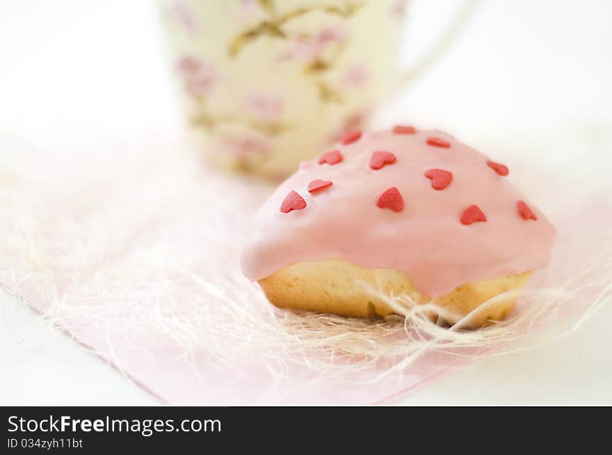 Heart shape cake and cup of tea. Heart shape cake and cup of tea