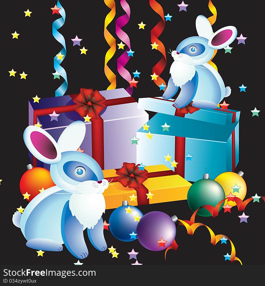 Colored boxes, Christmas balls, and rabbits on a black background with stars. Colored boxes, Christmas balls, and rabbits on a black background with stars.