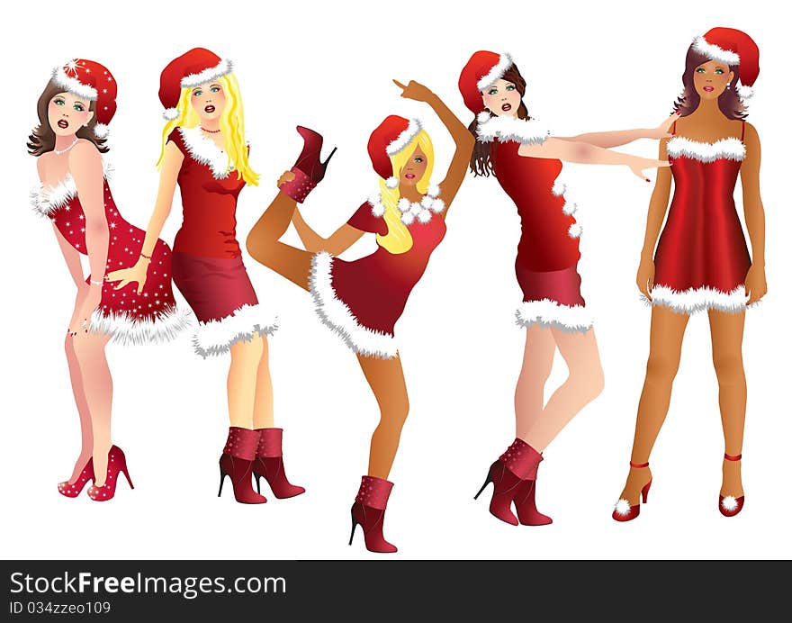 Five Snow Maidens in red suits and Christmas bells. Five Snow Maidens in red suits and Christmas bells.